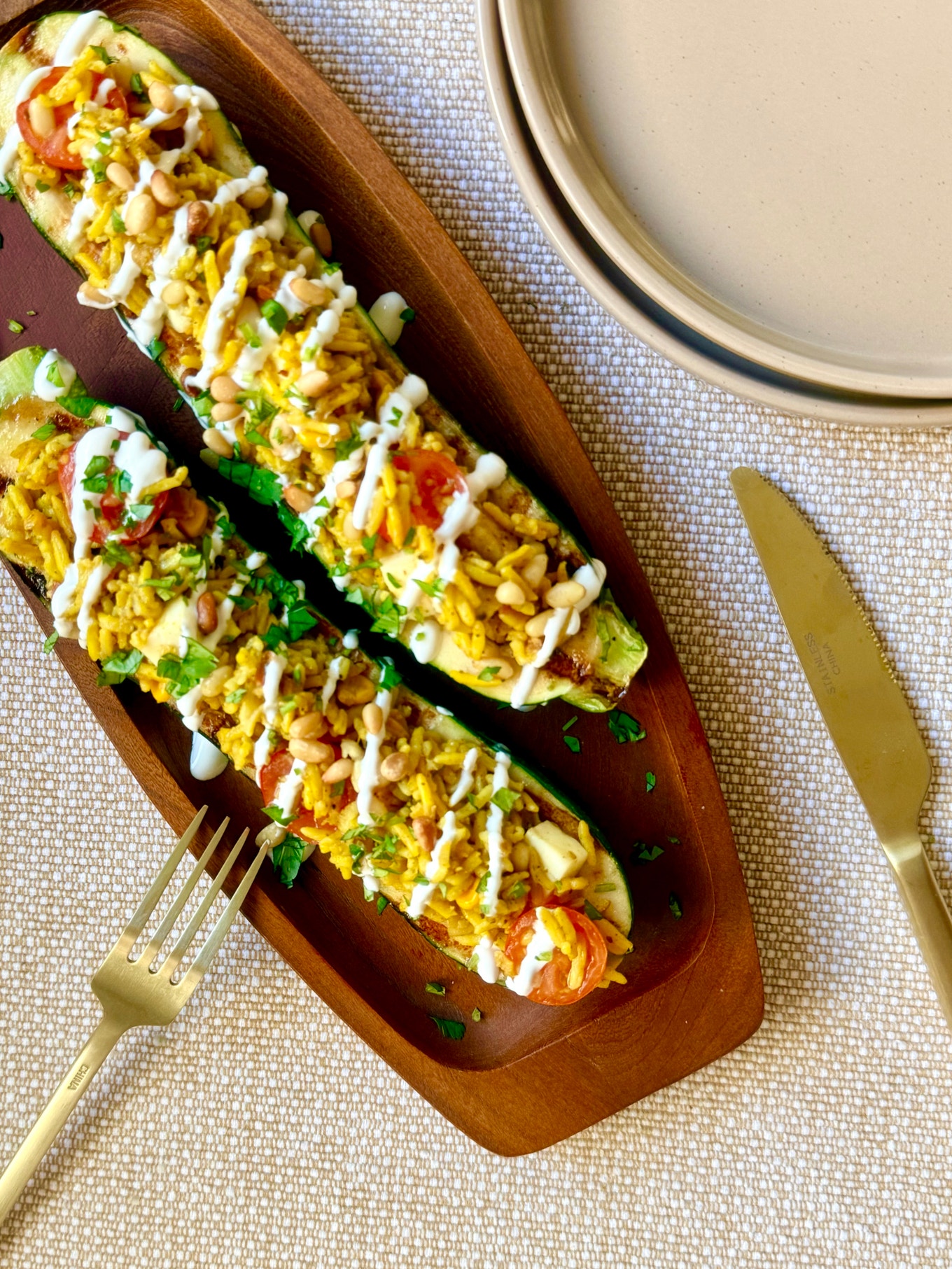 Zucchini Boats stuffed with Vegetables and Rice
