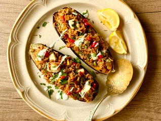 Eggplant Stuffed with Indian Fried Rice