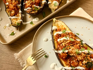 Butter Chickpea & Spinach Stuffed Aubergine